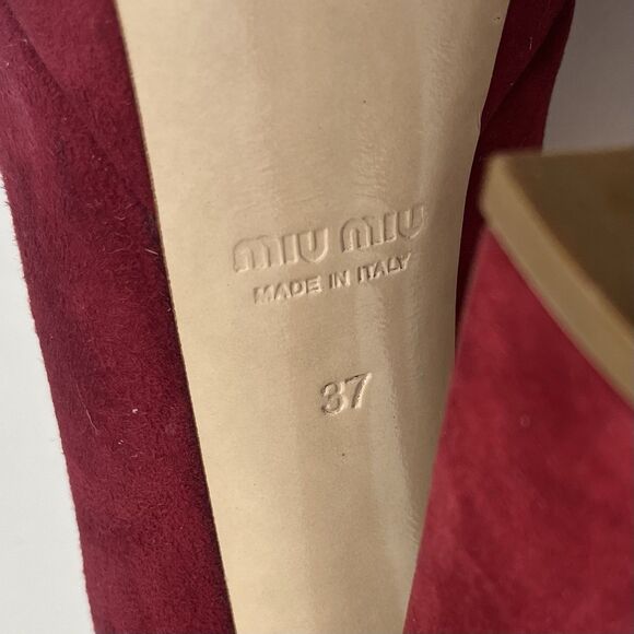 Miu Miu Peep Toe Platform Booties 7 37 Wine Red Suede Funky High Heels Statement - Picture 8 of 12